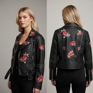 Floral Embroidered Studded Frestival Moto Jacket Faux Leather NWT Women’s M AEO